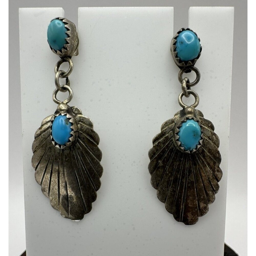 Freddie Wero Navajo Dangle Postback Earrings 925 Sterling Silver Blue Turquoise